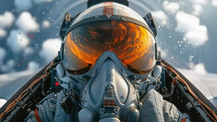 A highly trained military pilot operates a modern fighter jet, soaring above stunning cloudscape. The cockpit reveals advanced technology and a view of the expansive sky