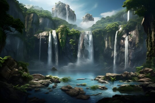 A majestic waterfall cascading down rugged cliffs into a crystal-clear pool below