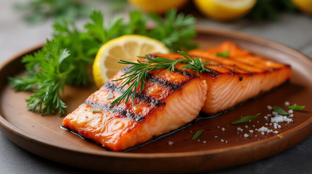 Grilled salmon fillet with lemon and herbs on wooden plate  