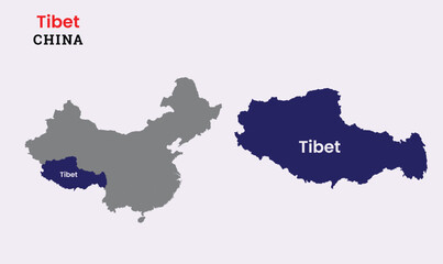 Fototapeta premium Map of Tibet, Map of Tibet with fill colour, Map of China state Tibet Vector Illustration, China, Tibet.