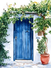 A blue door with green ivy on the side, in the Greek style, on a white background, created using watercolor, ink wash, and pastel colors, Generative AI