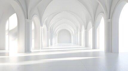 Naklejka premium 3D rendering of a white arched hall with light streaming in from the windows. Symmetrical composition, Generative AI