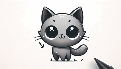 Obraz premium Adorable grey cartoon cat illustration with big eyes and cute expression