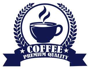 Blue coffee premium quality logo badge with steaming cup laurel wreath and ribbon banner for cafe branding signage. Vintage label for hot drinks. Coffee symbol with steam art