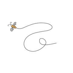 Cartoon bee flying on a dotted route line