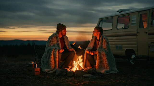 Couple by campfire at sunset, wrapped in blankets, roasting marshmallows by a vintage camper van