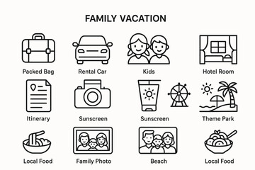 Family vacation icons with packed bag, rental car, kids, and more
