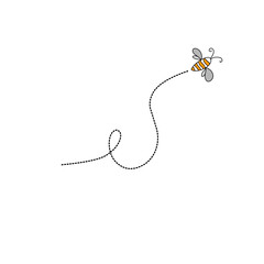 Cartoon bee flying on a dotted route line