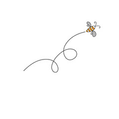 Cartoon bee flying on a dotted route line