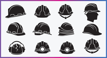 Safety Helmets and Construction Gear Icon Set for Industrial Workplace Protection
