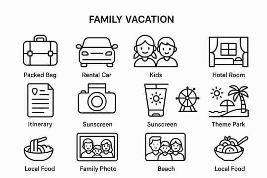 Family vacation icons with packed bag, rental car, kids, and more