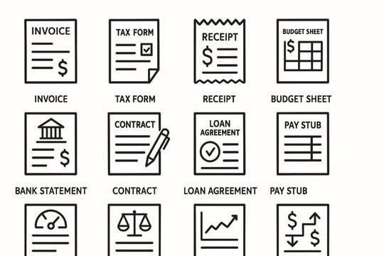 Financial documents icons: invoice, tax form, receipt, budget, bank statement, contract, loan, pay stub