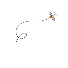Cartoon bee flying on a dotted route line