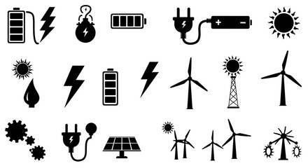 Fototapeta premium Black and White Energy Icons Batteries Lightning Bolts Solar Panel and Wind Turbines