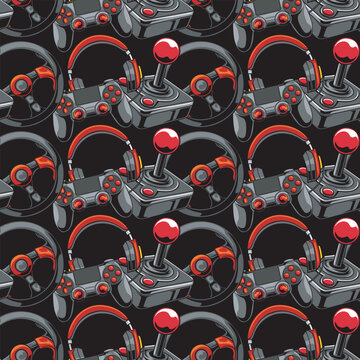 video game console headphone steering wheel gameboy gamepad controller digital seamless repeat pattern Illustration texture