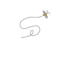 Cartoon bee flying on a dotted route line