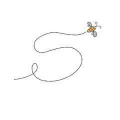 Cartoon bee flying on a dotted route line