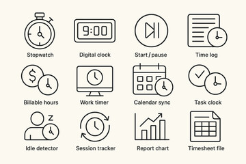 Time management icons: stopwatch, clock, calendar, timer, tracker, chart