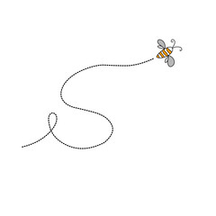 Cartoon bee flying on a dotted route line