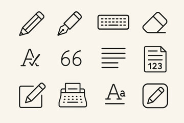 Writing and editing icons set: pencil, keyboard, eraser, text, alignment