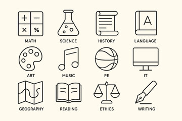 Educational icons representing various subjects and skills
