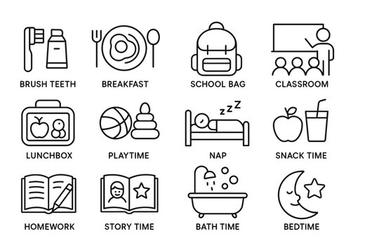 Daily school routine icons: breakfast, classroom, playtime, homework, bedtime activities