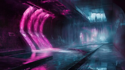 Futuristic Neon Corridor with Pink and Teal Lighting for Tech Background