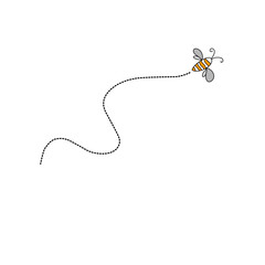 Cartoon bee flying on a dotted route line