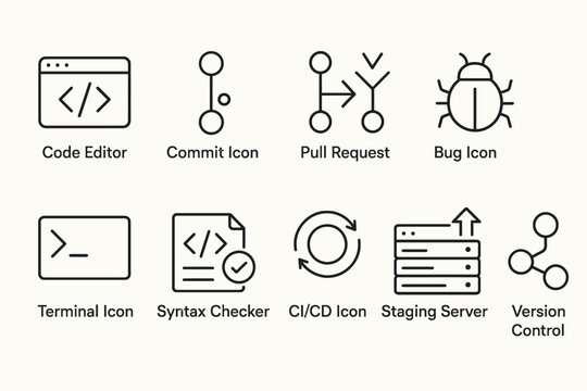Icons representing code editor, pull request, bug, terminal, ci/cd, version control