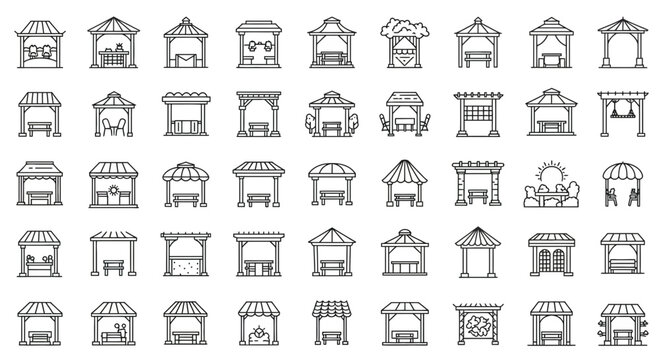 Collection of Unique Gazebo and Pergola Line Art Icons with Varied Designs