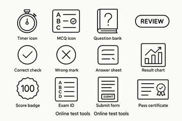 Online test tools icons: timer, mcq, question bank, results, and certificates
