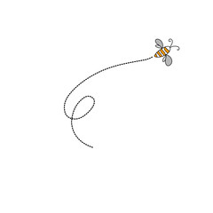 Cartoon bee flying on a dotted route line