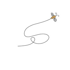 Cartoon bee flying on a dotted route line