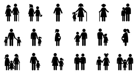 Diverse family icons depicting various relationships and stages of life in black silhouette