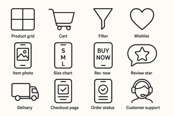 E-commerce icons: product grid, cart, filter, wishlist, customer support