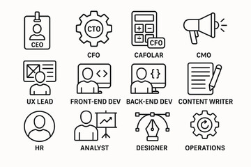 Corporate roles and icons: ceo, cfo, cto, ux lead, front-end dev, hr, analyst, designer