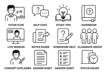Educational support icons featuring tutor, study tips, guidebook, and homework help