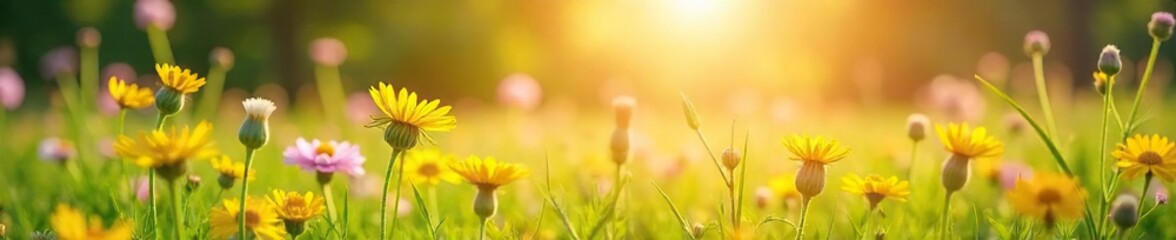 Fototapeta premium Joyful sunlit meadow scene, vibrant wildflowers in bloom, cheerful summer ambiance Perfect for backgrounds, websites, or design projects promoting happiness and well-being , sun, serene
