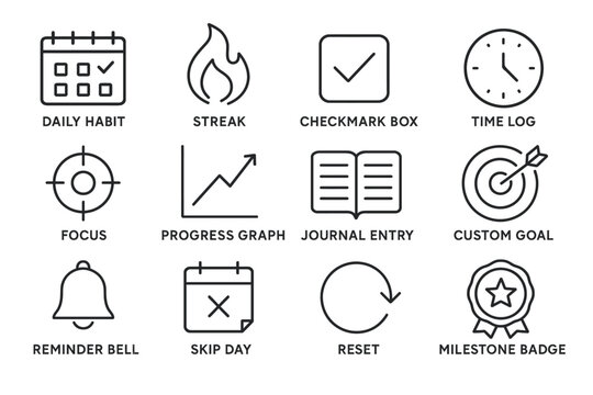 Productivity icons: daily habit, progress graph, reminder bell, custom goal, checkmark box
