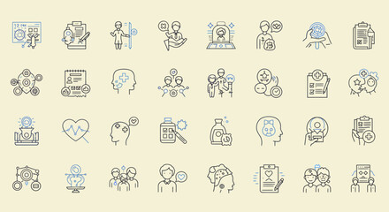 Mental health and wellness line icons depicting therapy support and psychological care