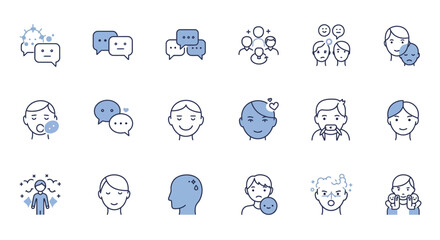 Mental Health and Emotional Wellbeing Line Art Icon Set Depicting Feelings