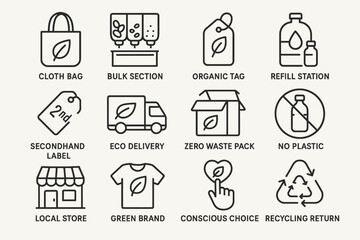 Fototapeta premium Eco-friendly shopping icons: cloth bag, refill station, zero waste, green brand, recycling