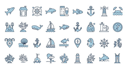 Nautical themed line art icons featuring sea life ships and navigational tools (1)