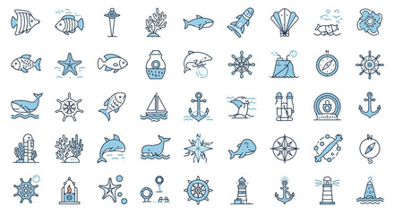 Nautical themed line art icons featuring sea life ships and navigational tools