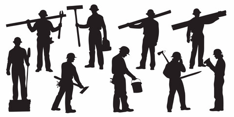 Silhouette depiction of construction workers in various poses with tools and building materials, vector art