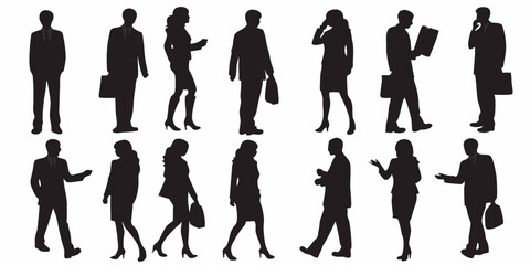 Silhouette illustrations of business people in various poses and activities on a transparent background, vector art
