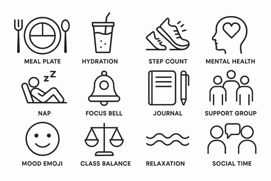 Icons illustrating healthy lifestyle tips: nutrition, exercise, mental well-being, social interaction