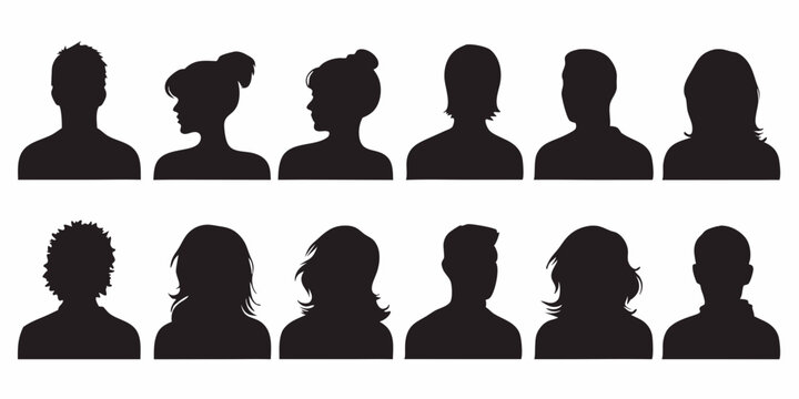 Collection of diverse head silhouettes showcasing various hairstyles and orientations in a single frame, vector art