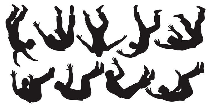 Silhouettes of people in various falling poses against a plain white background displayed in a group, vector art