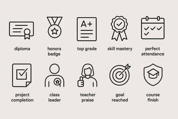 Achievement icons: diploma, honors badge, grades, mastery, attendance, completion, leadership, praise, goals, course